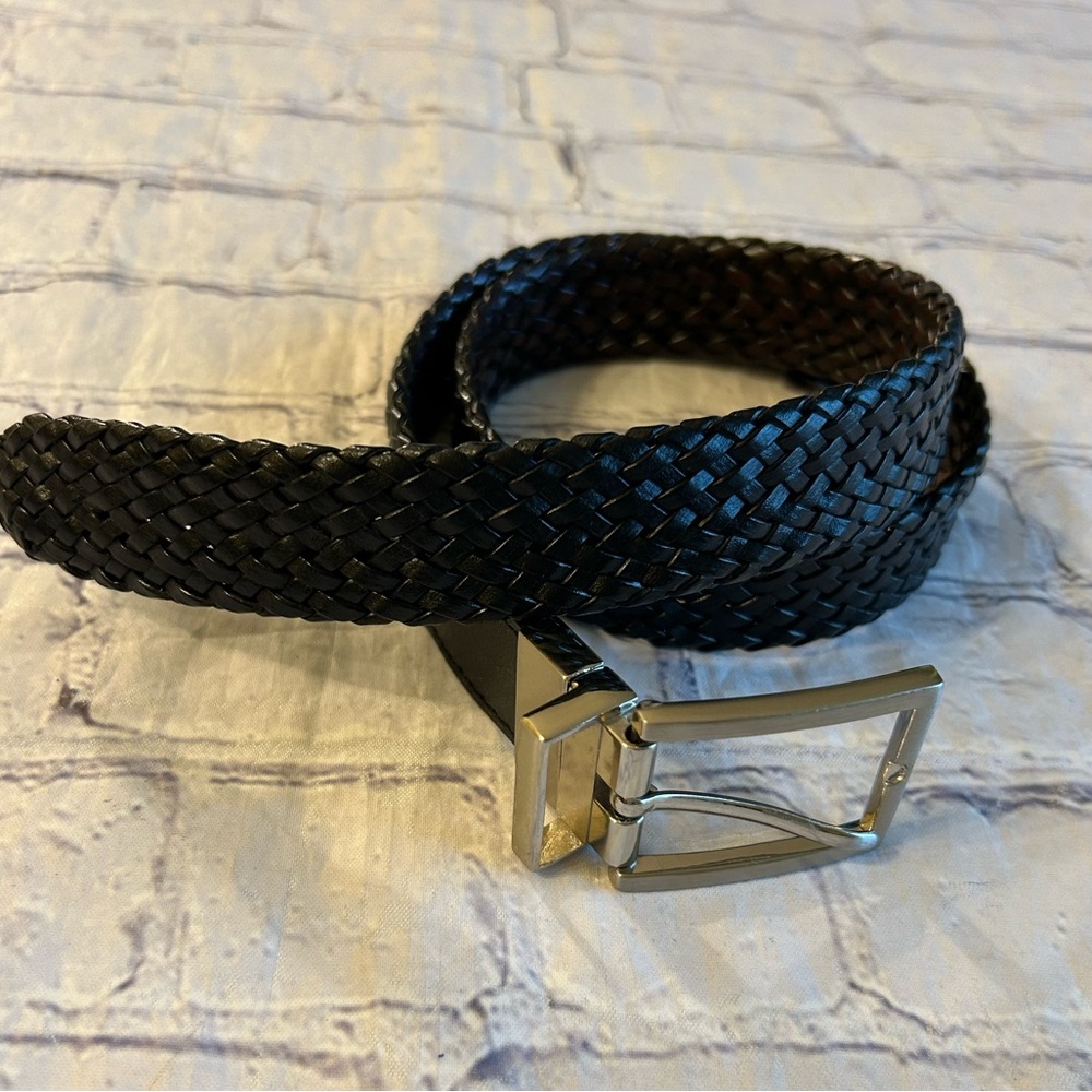 BONDED LEATHER WITH GENUINE LEATHER REVERSIBLE BROWN/BLACK WEAVE MENS BELT 26/28
